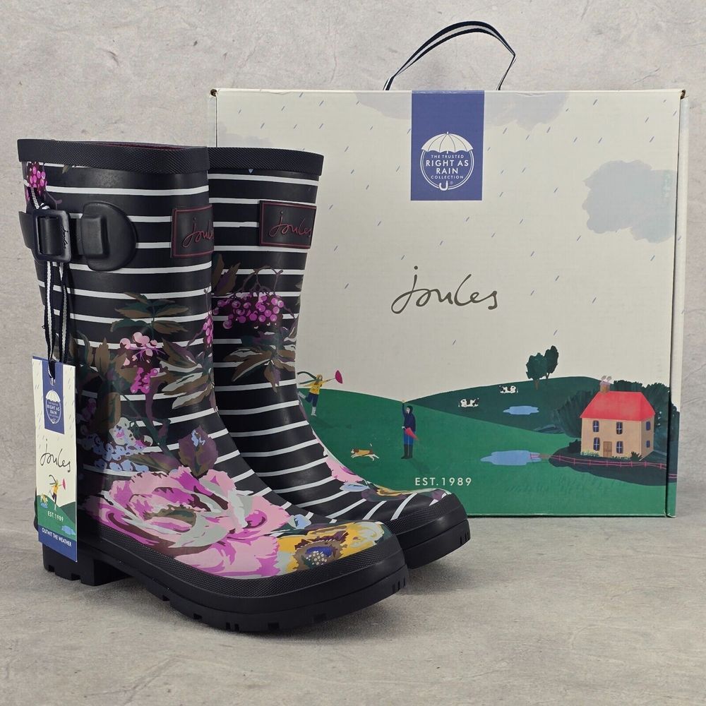New Joules Rain Boots Mid Calf Molly Welly Navy Stripes Flowers Size US: 6 UK: 4 - Picture 12 of 15